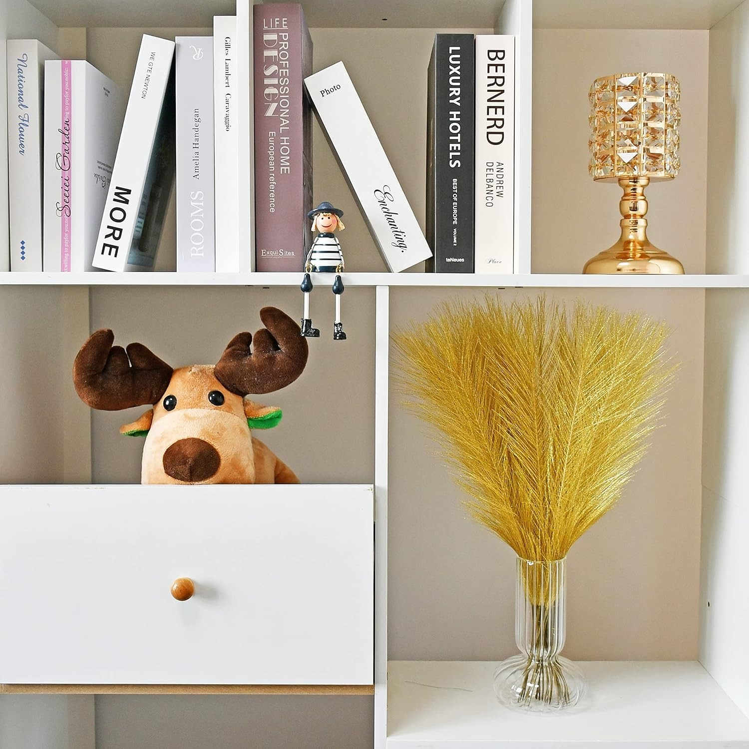 Gold Silk Pampas Grass Bouquet – 20 Fluffy Stems, 17.7in for Elegant Home Decor