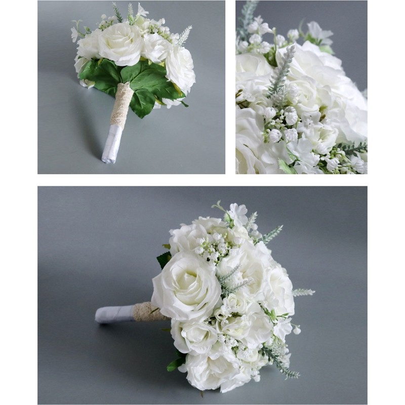 Artificial White/Pink Flower Bouquet with Green Leaves Fake Silk Floral