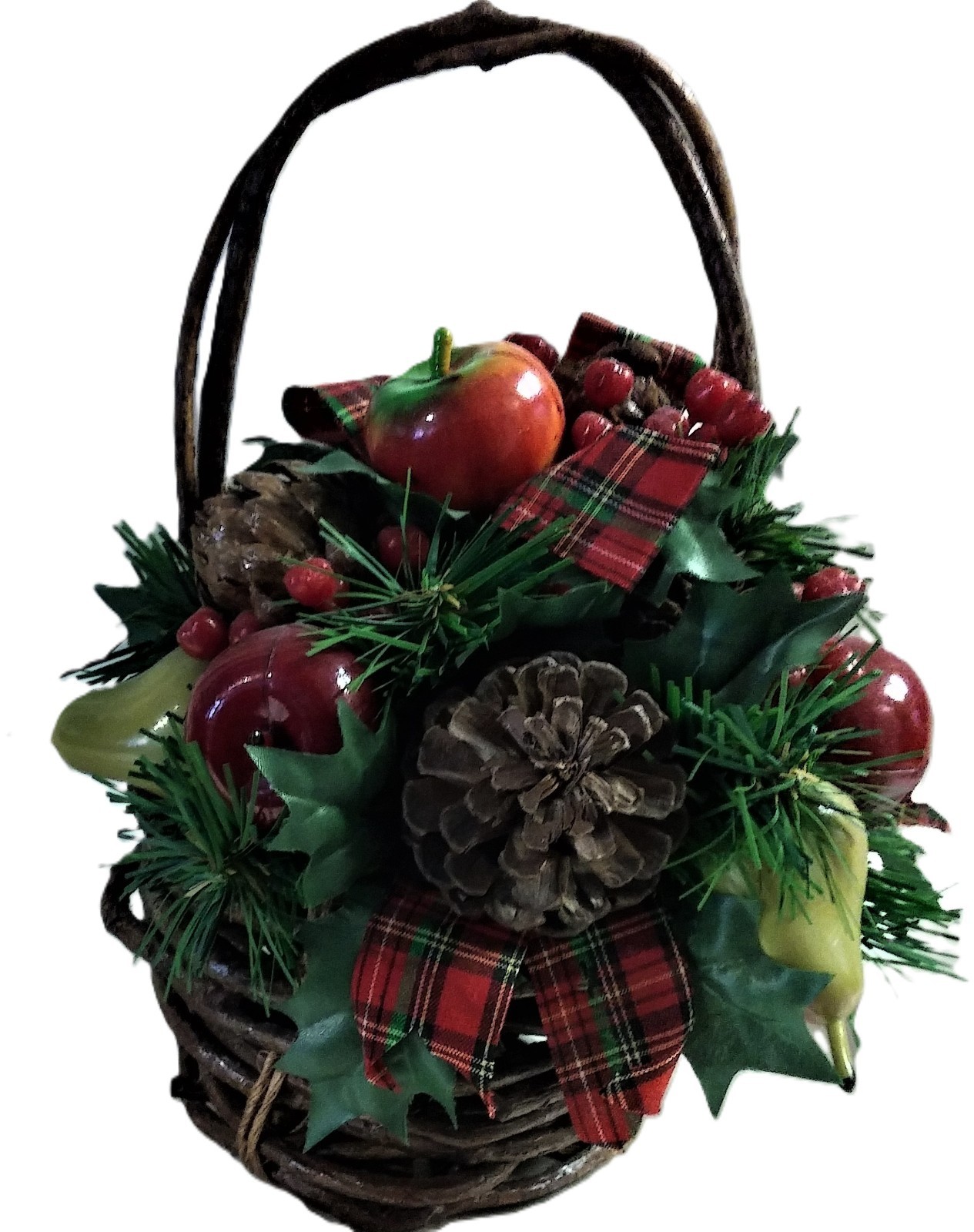 NWT Artificial Christmas Fruit & Greenery Rustic Basket w/Cones & Ribbon 9″Tall
