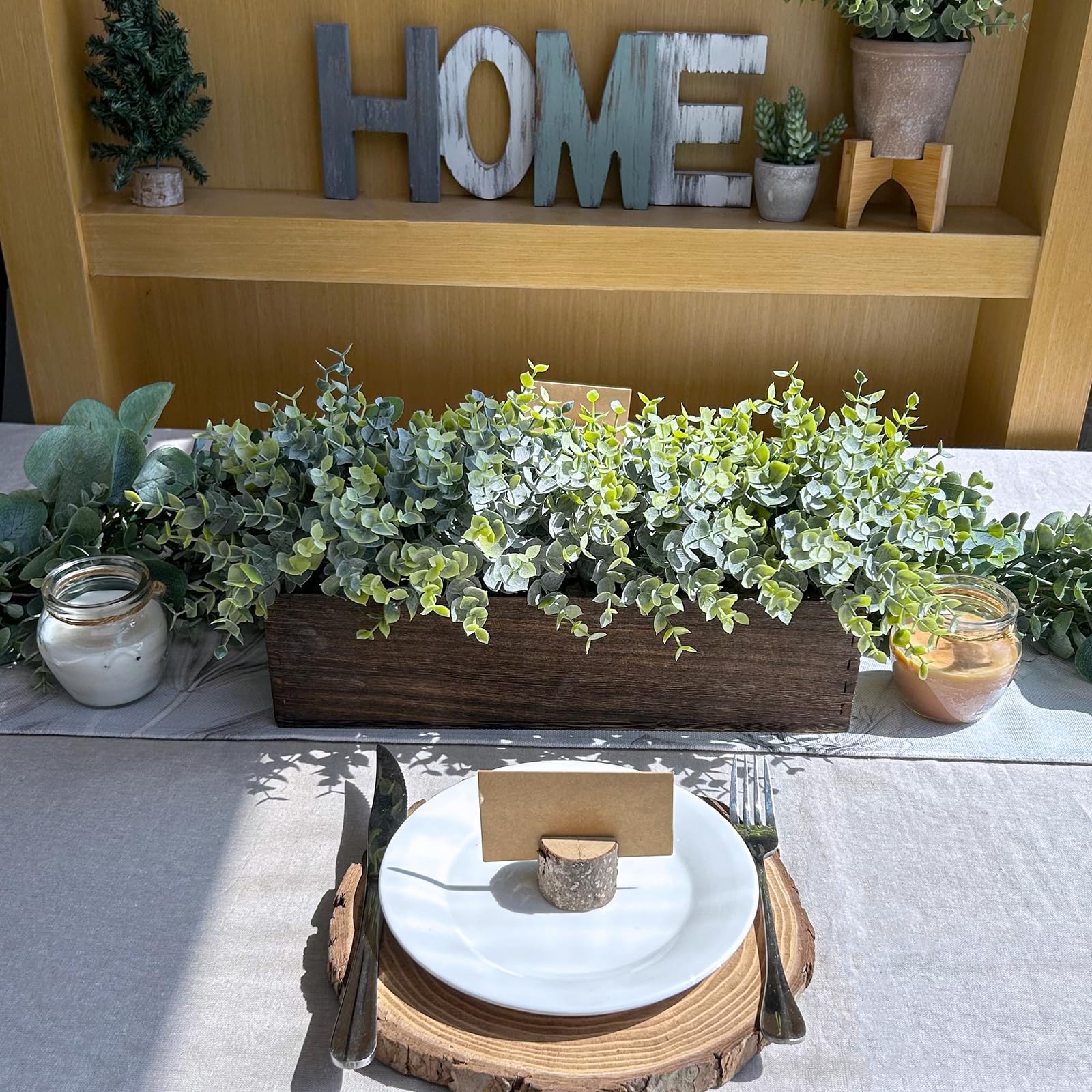 Winlyn 14″ Artificial Eucalyptus in Rectangular Wood Planter Box Faux Plants