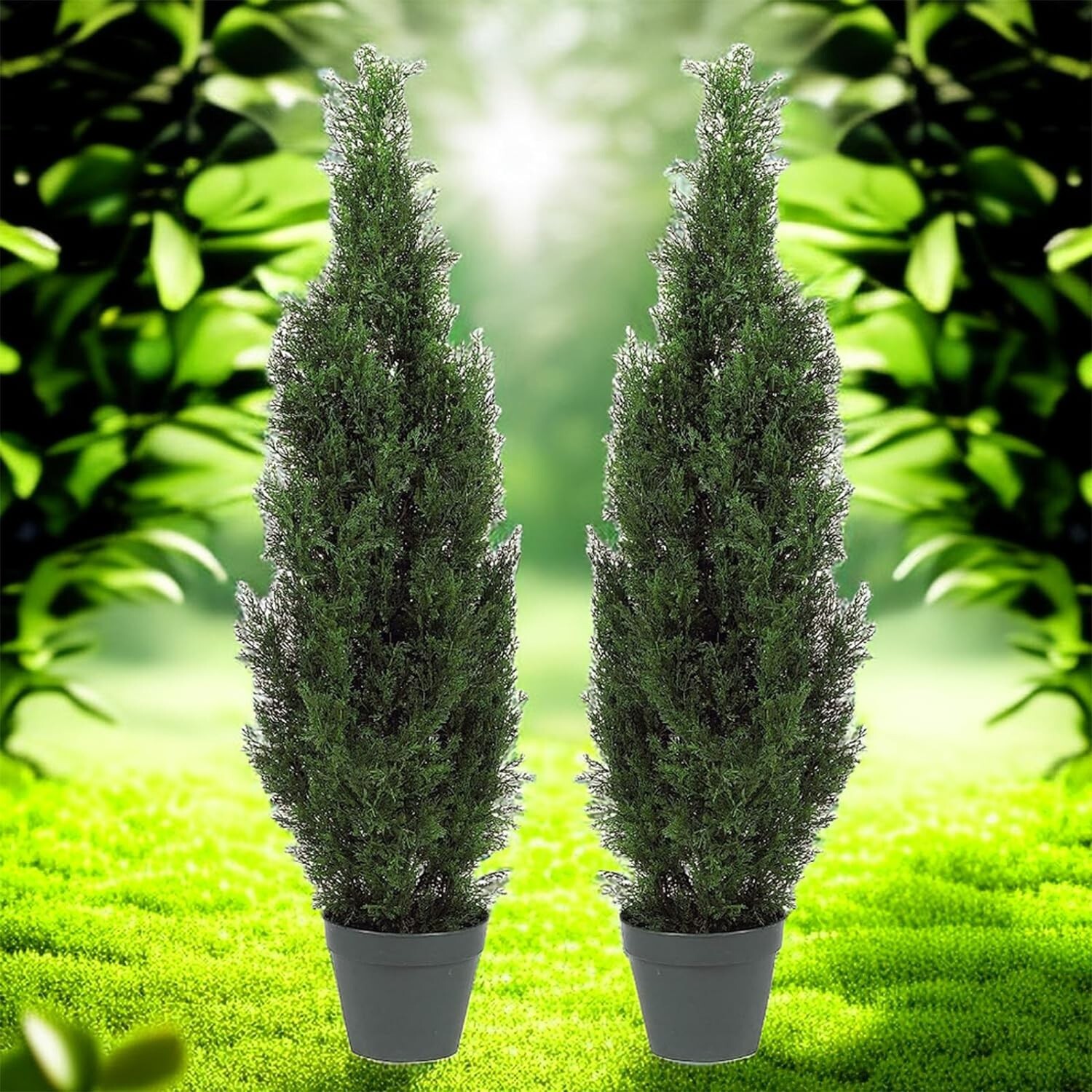Decorative 3′ Cedar Topiary Trees in Pots – 2-Piece Set for Year-Round Charm