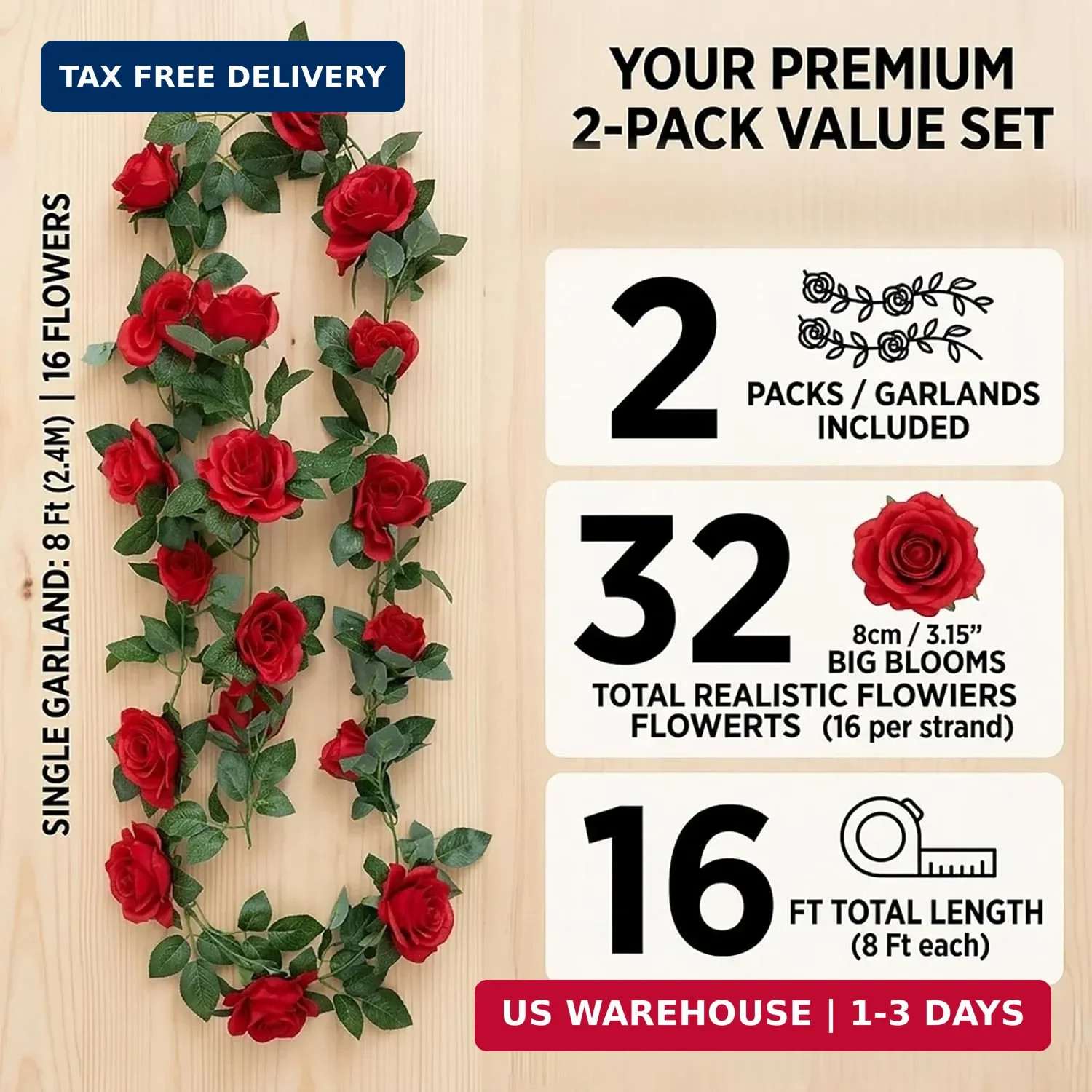 2 Pack 16FT Artificial Rose Garland Vine – Silk Fake Rose Flower Hanging Red