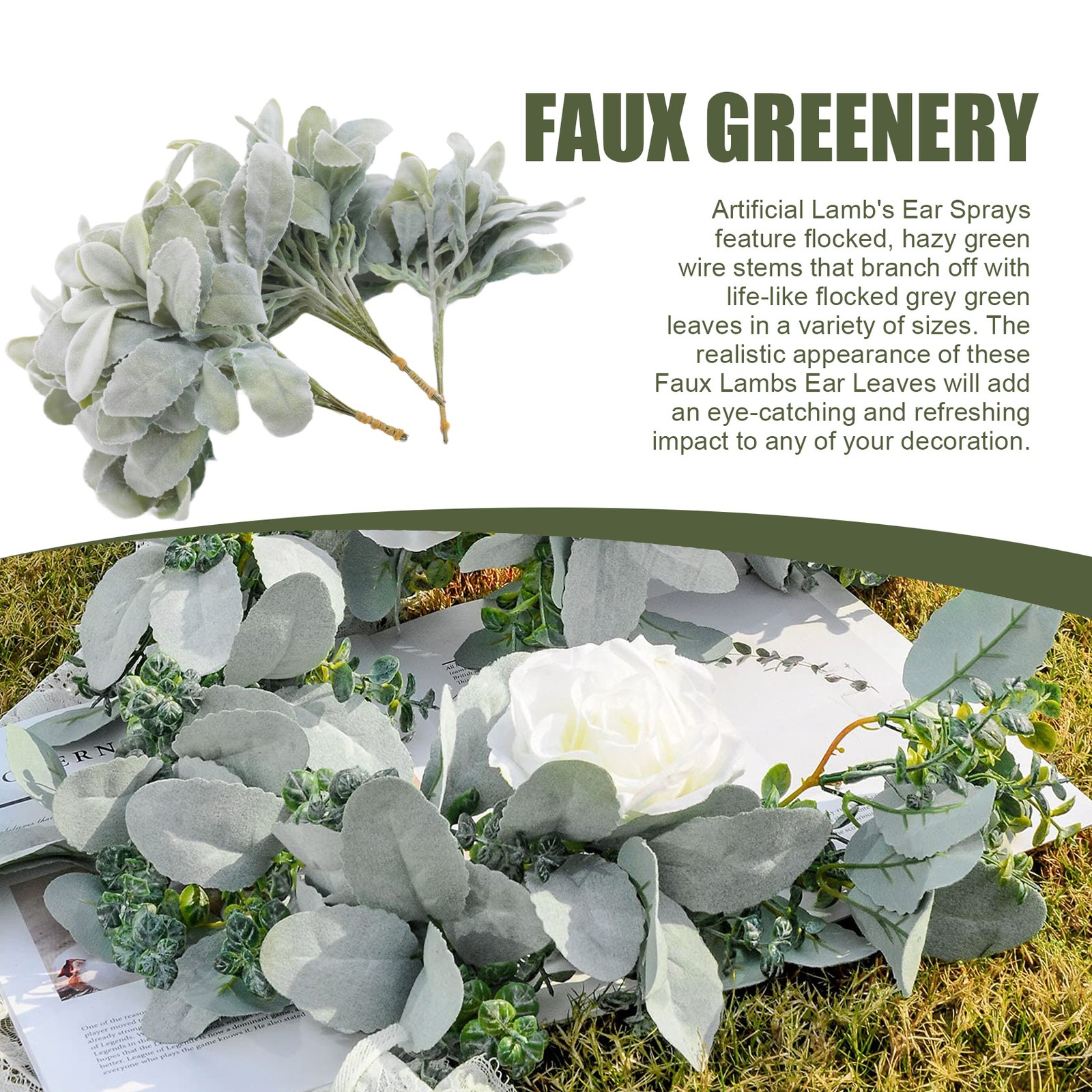 24 Pcs Artificial Flocked Lambs Ear Greenery Stems Faux Lambs Ear Stems2529