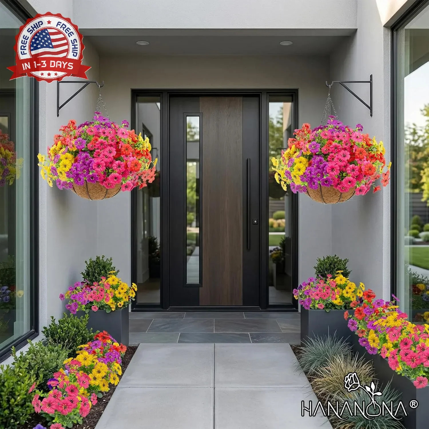 Hananona 2 Set Artificial Outdoor Flowers with Hanging Basket, 2 Hanging Planter