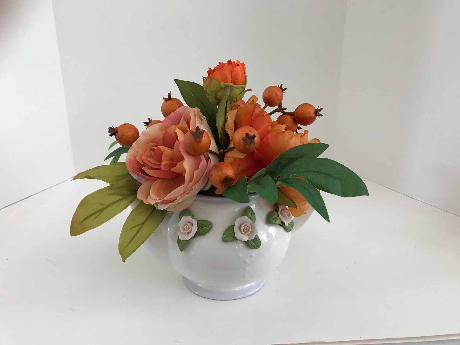 White with Raised Pink Roses Telaflora Gift Teapot Orange Flowers