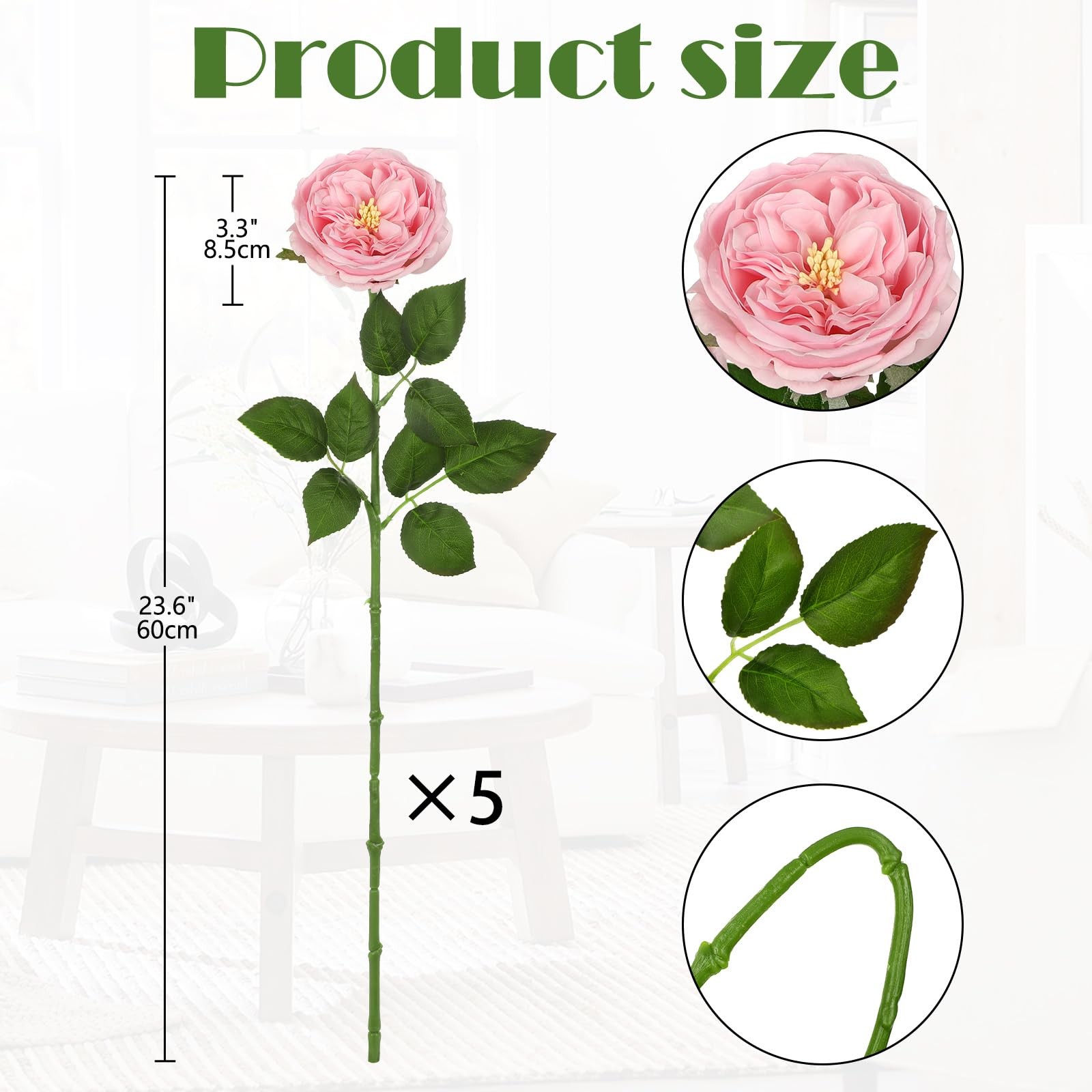 5Pcs Peonies Artificial Flowers Real Touch Austin Roses 23.6 Inch Long Stem F…