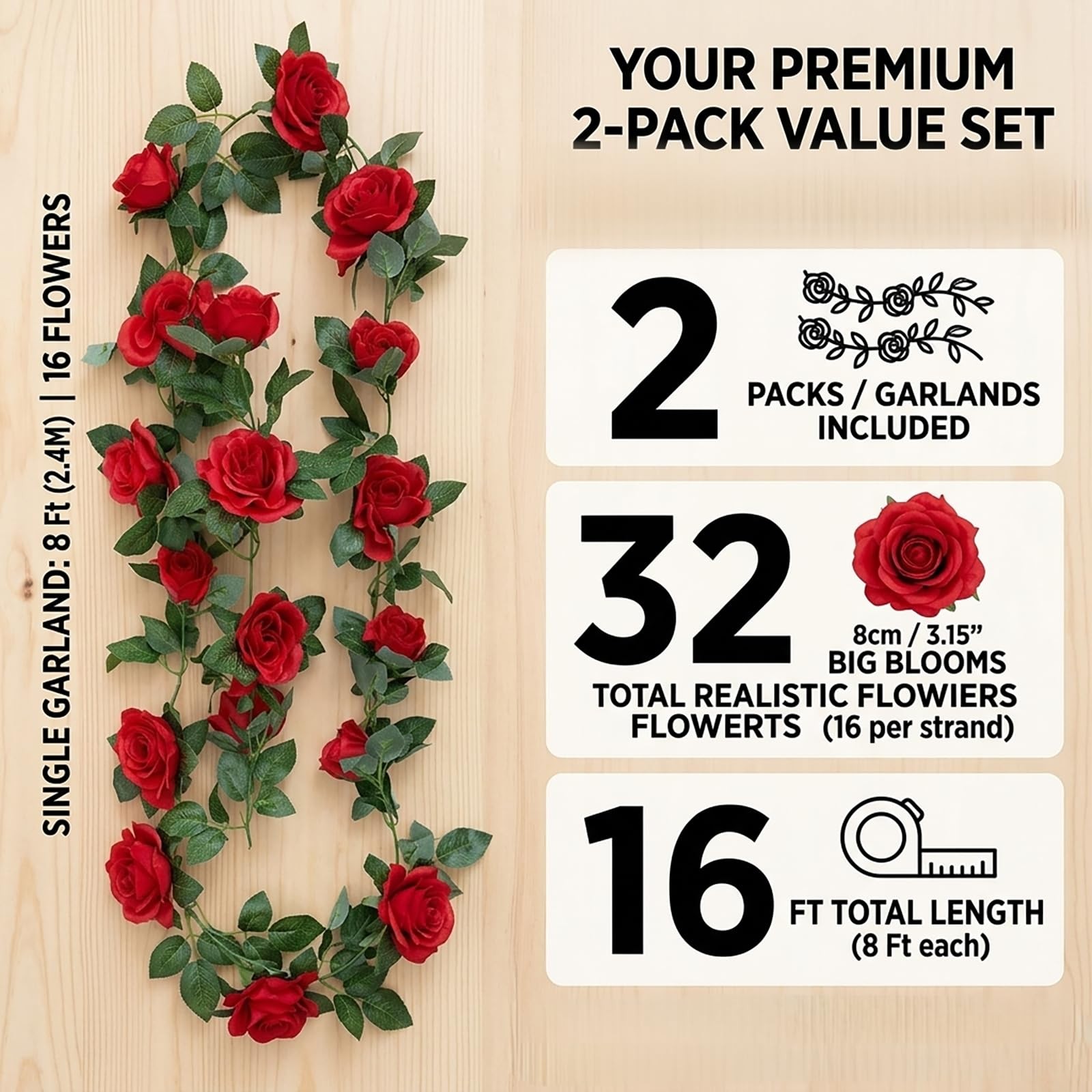 2 Pack 16FT Artificial Rose Garland Vine – Silk Fake Red Rose Flower Hanging Vin