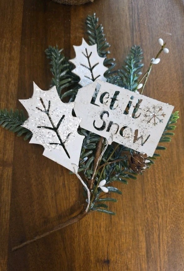 Artificial Pine Branch, Christmas Tree Filler, Decor- Let it Snow Glitter Metal