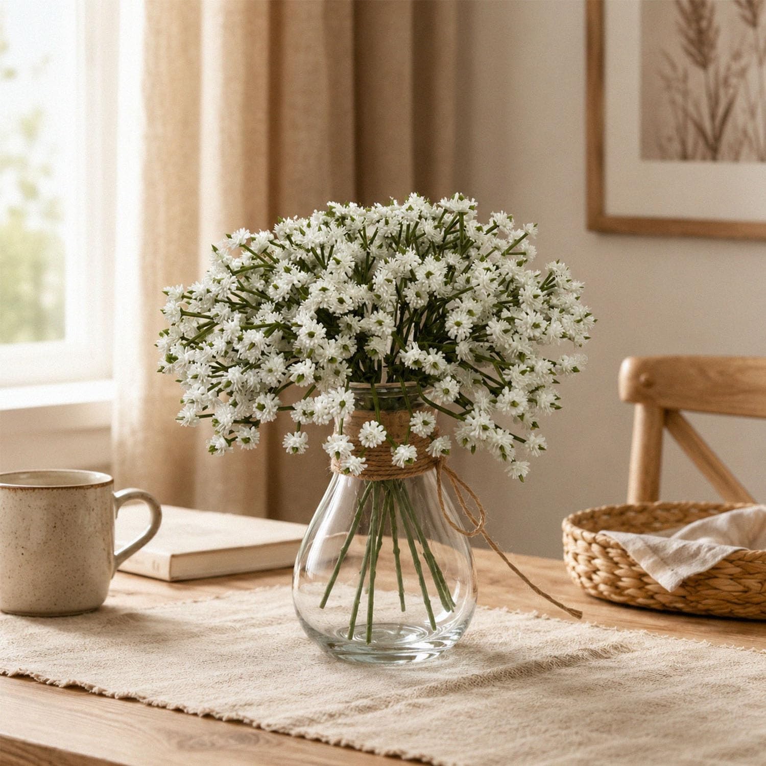 9 Pcs Babys Breath Artificial Flowers with Glass Vase, 8″ Real Touch Faux Gyp…