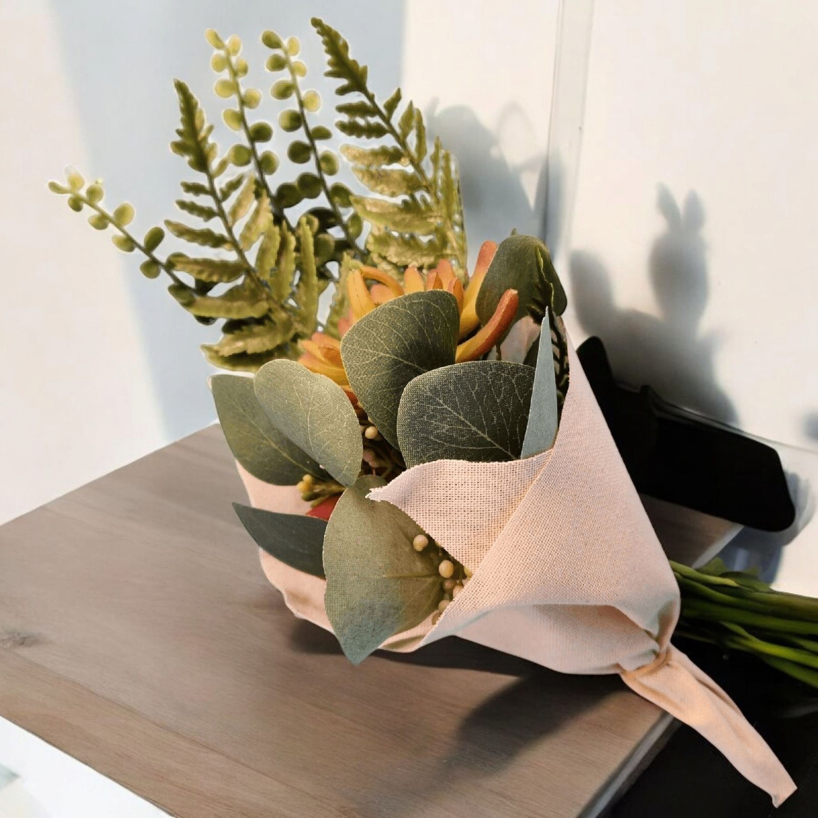 Artificial Green & Red Succulent Floral Bouquet Berry Eucalyptus Cloth Wrapped