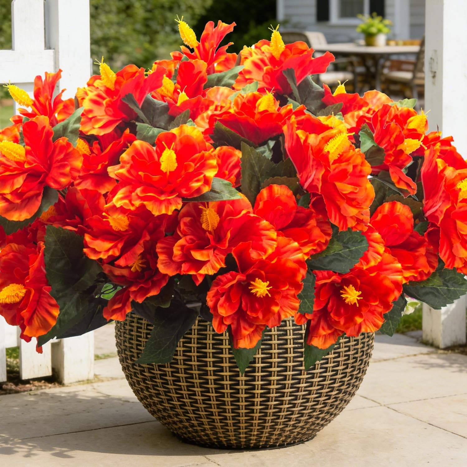 UV Resistant Artificial Hibiscus Flowers – 5 Bundles for Outdoor Decor (Orange)