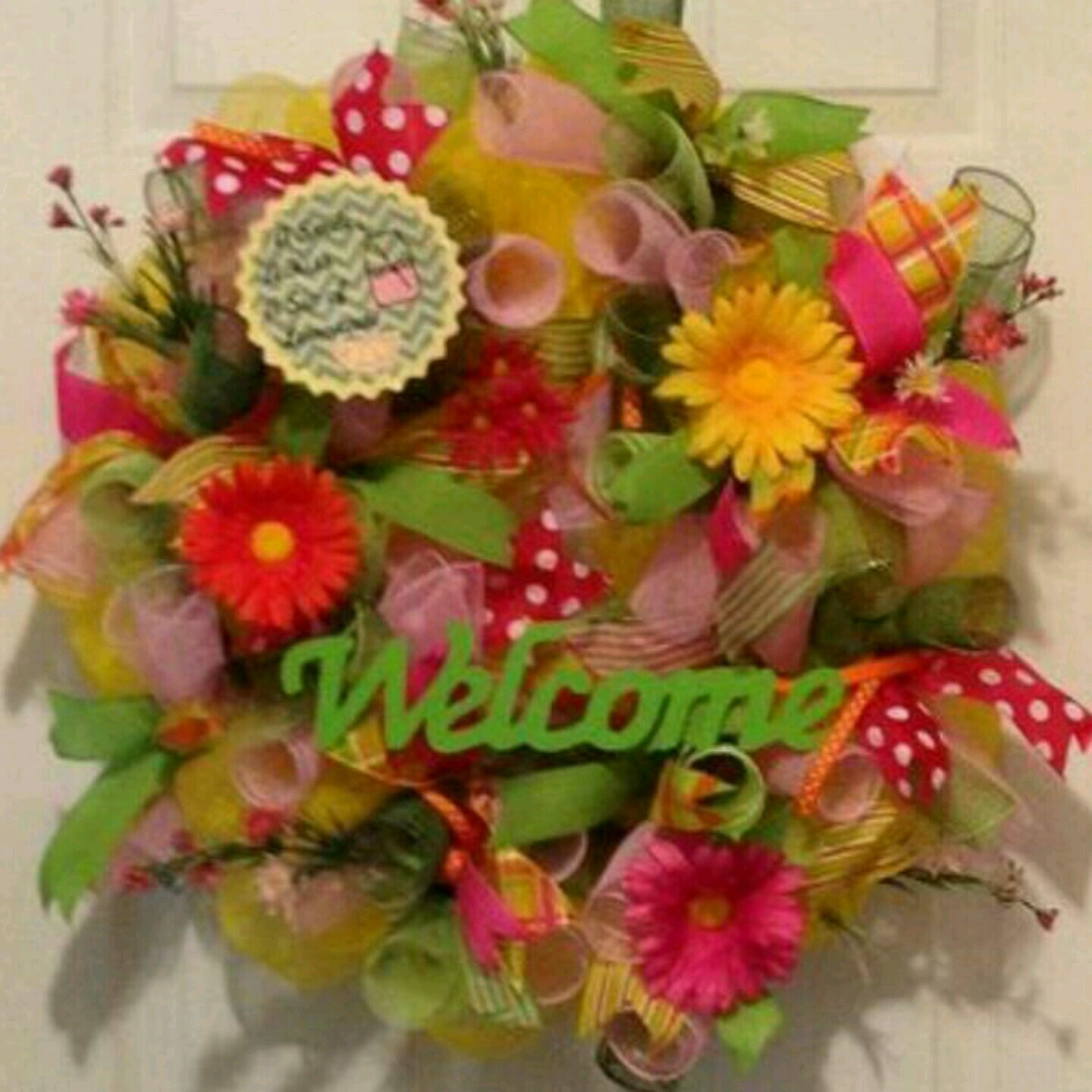 Summer Yellow,Green,& Pink, Flower,Ribbon Lemonade Deco Mesh Welcome Wreath