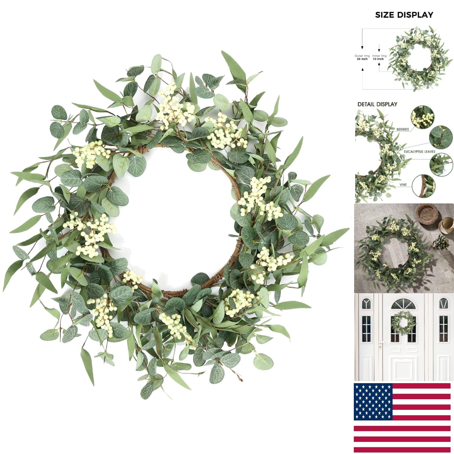 Lifelike 20” Eucalyptus Wreath with White Berries – All-Season Home Decor