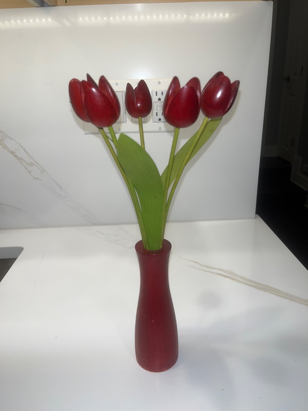 Artisan Wooden Handcrafted Tulips w/ Vase, Martin Jones, Britain