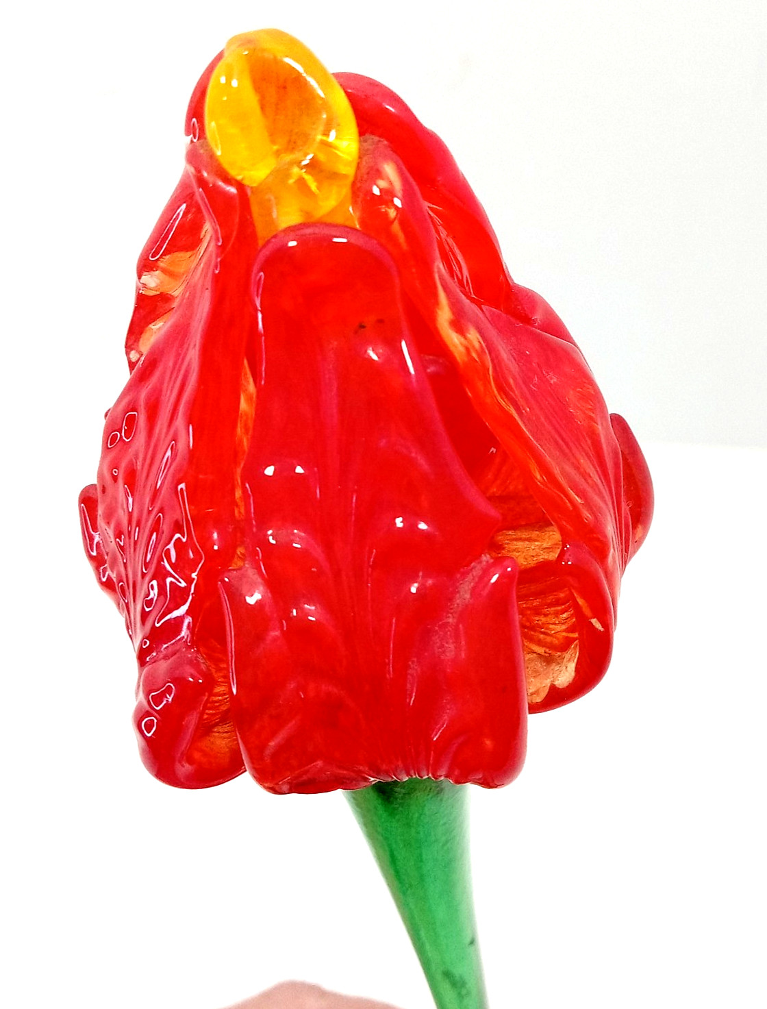 Vintage Blown Art Glass Long Stem Flower Red Bud Orange Center Ribbed Texture