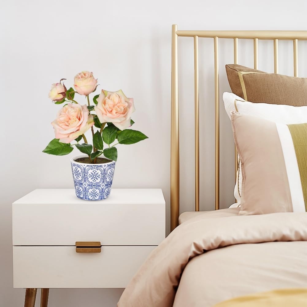 Light Pink Real Touch Roses Artificial Flowers in Vase Blue and White Porcelain