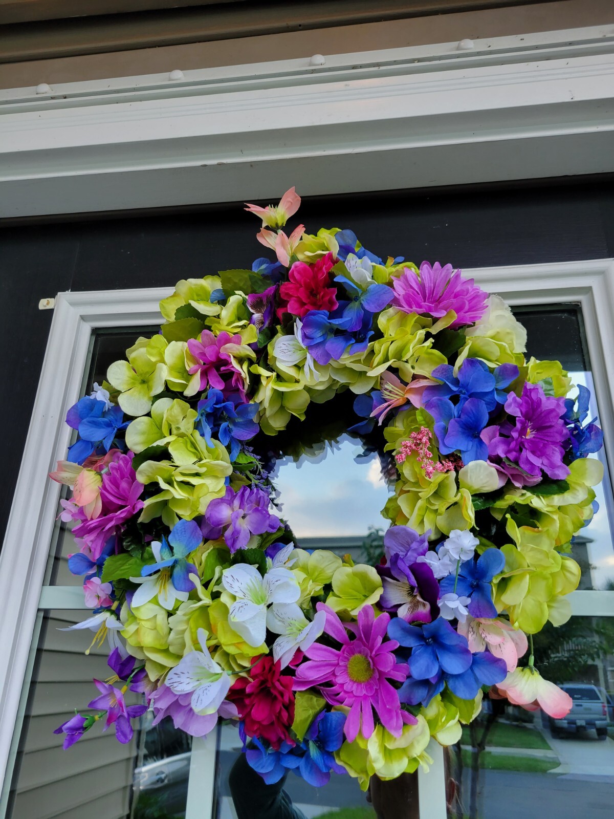 FLORAL one of a kind WREATH flowers Decor Front Door 16″ purple blue pink green
