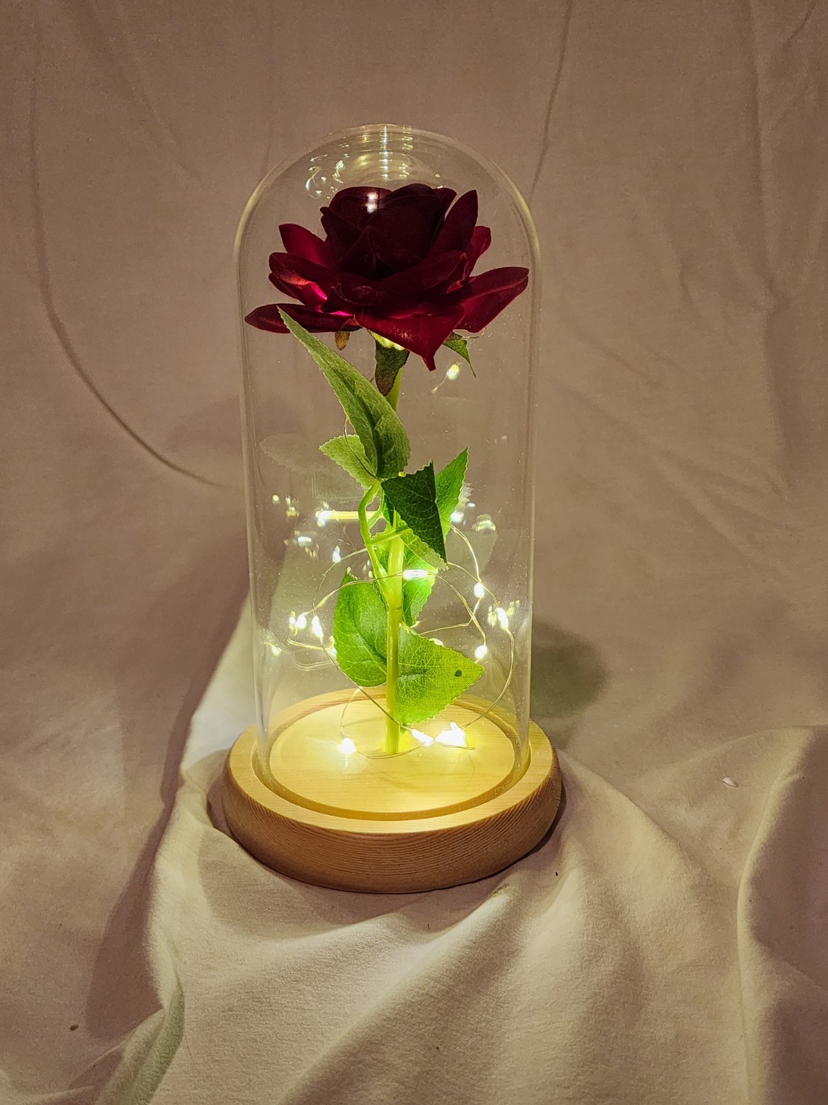 Beauty and the Beast Artificial Red Rose Glass Dome LED Lights Wood Base