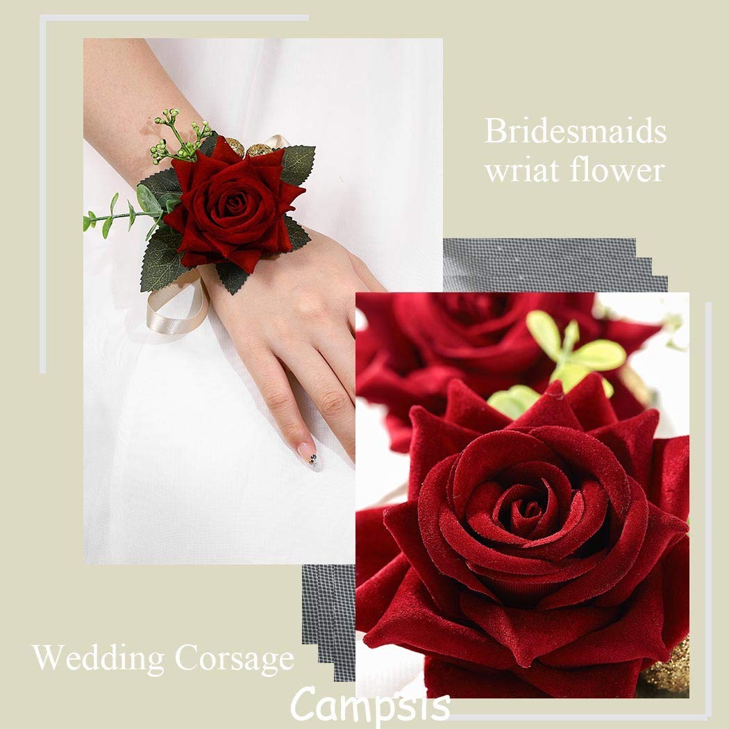 Red Rose Wrist Corsage Gold-Accented Artificial Flowers with Satin Ribbon Wed…