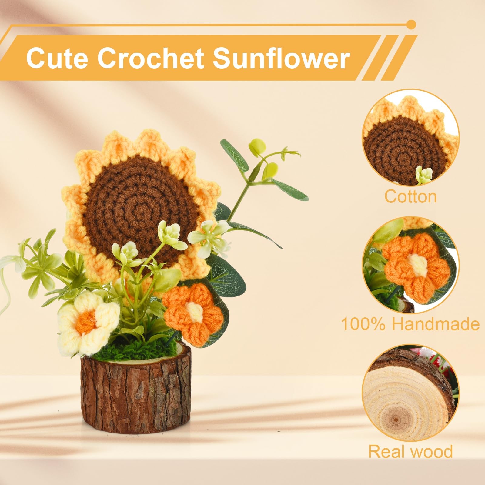 Cute Crochet Flowers Bouquet, Handmade Knitted Sunflowers with Wooden Pot, Croch