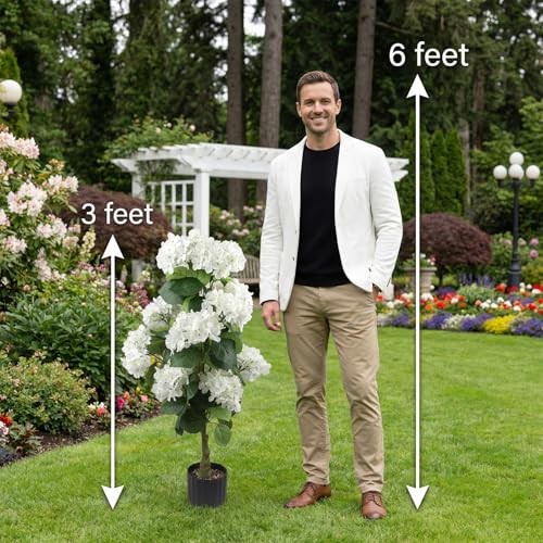 Pcs 3 Ft Artificial Hydrangea Trees Potted, UV Resistant Faux Silk 2 White
