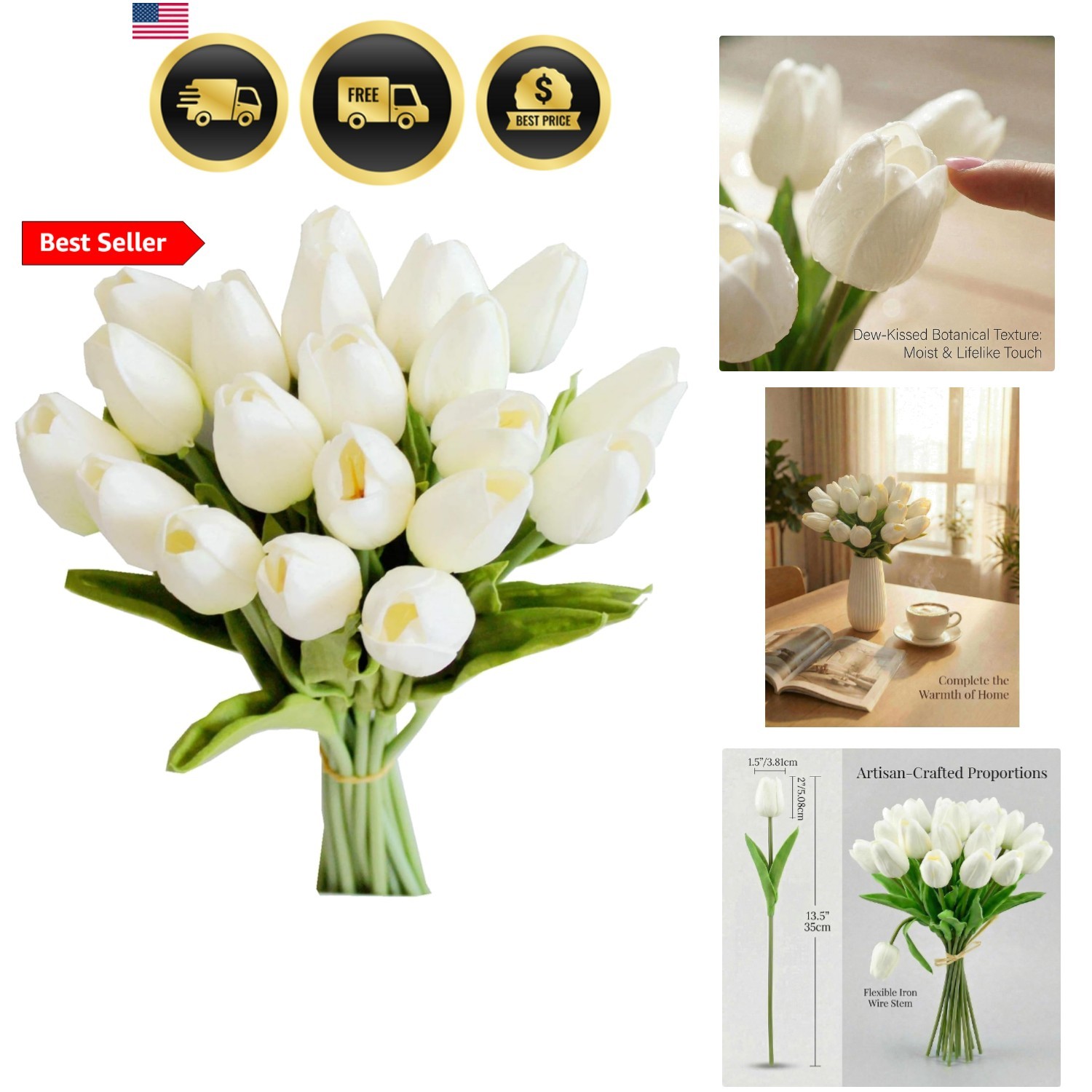 White Artificial Tulips Flowers Centerpiece, 13.5″ Lifelike PU Fake Floral St…