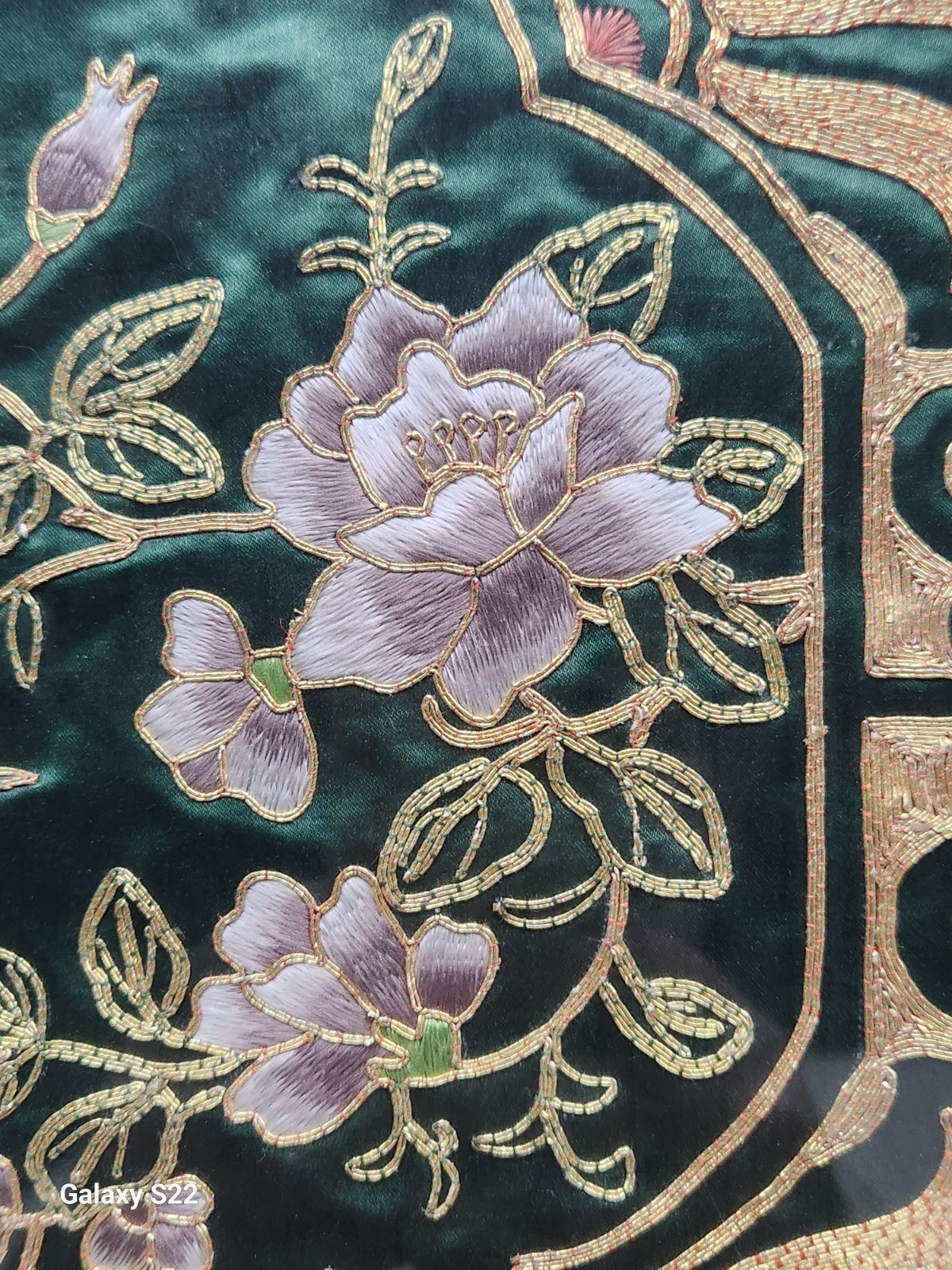 Green Silk Gold Embroidered Hummingbird Floral Professionally Framed
