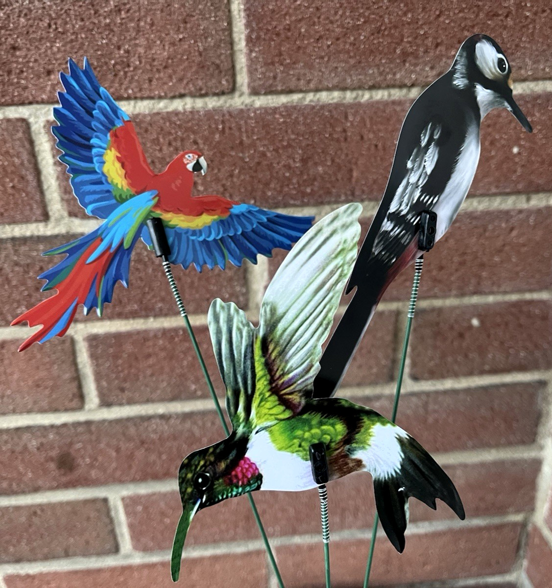 Bird Picks Lot of 3 Decorative Plastic w/Wire Stems Macaw Hummingbird Woodpecker