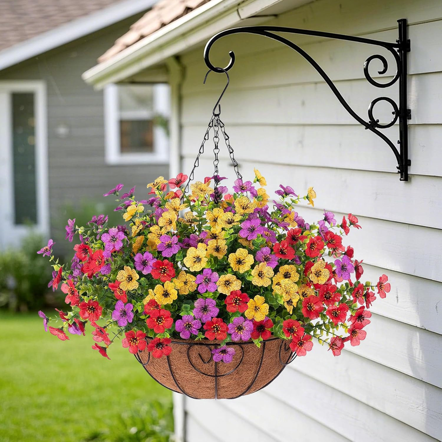 Artificial Faux Hanging Plants Flowers Basket for Spring Outdoor Decoration, Fak