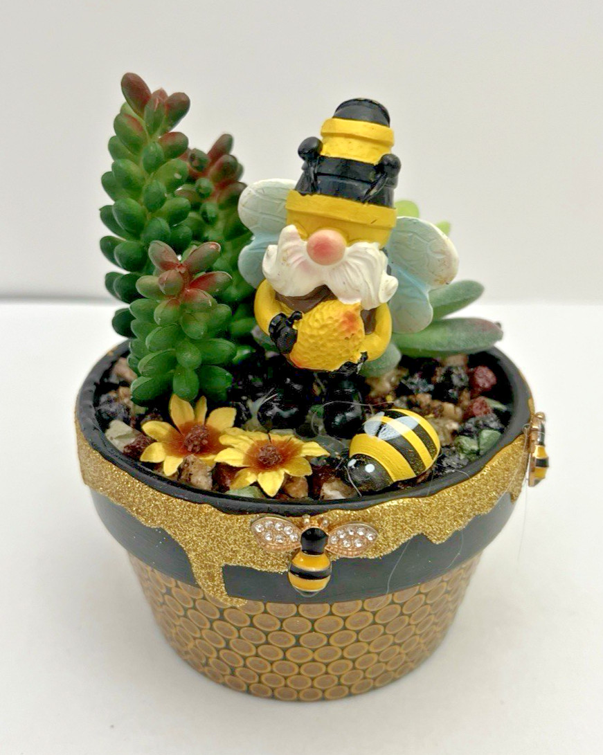 Handmade Gnome Planter Pot Fake Cactus Bumble Bee Theme Artificial Succulent