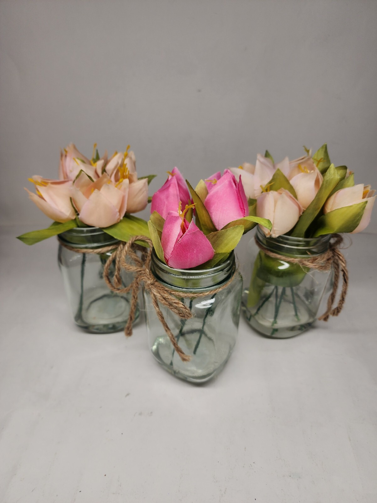 Lot of 3 – Old East Main – Clear Glass Mason Jar Style Mug w/Artificial Tulips