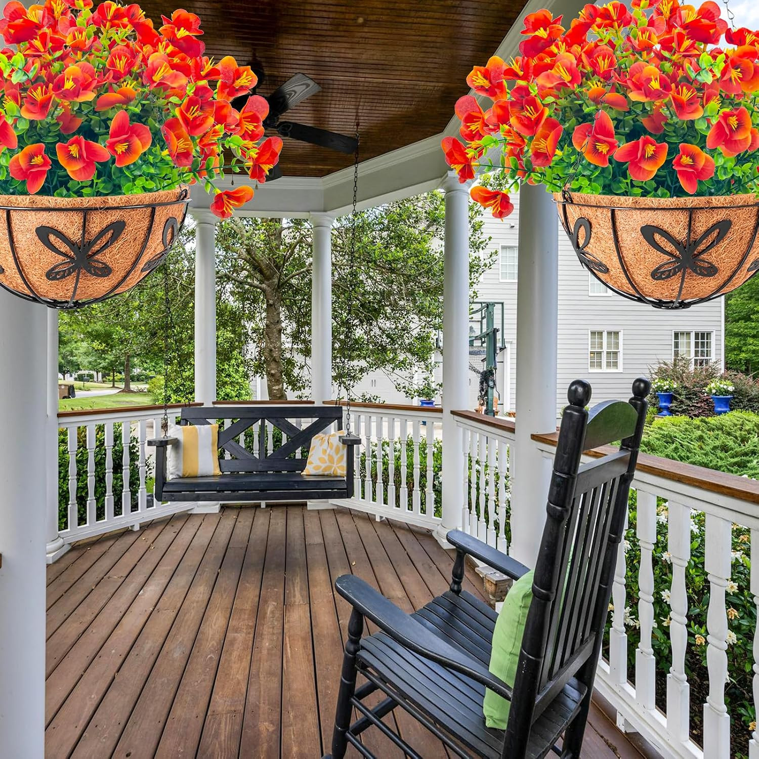 UV Resistant Faux Outdoor Flowers – 20 Bundles of Orange Red Shrubs