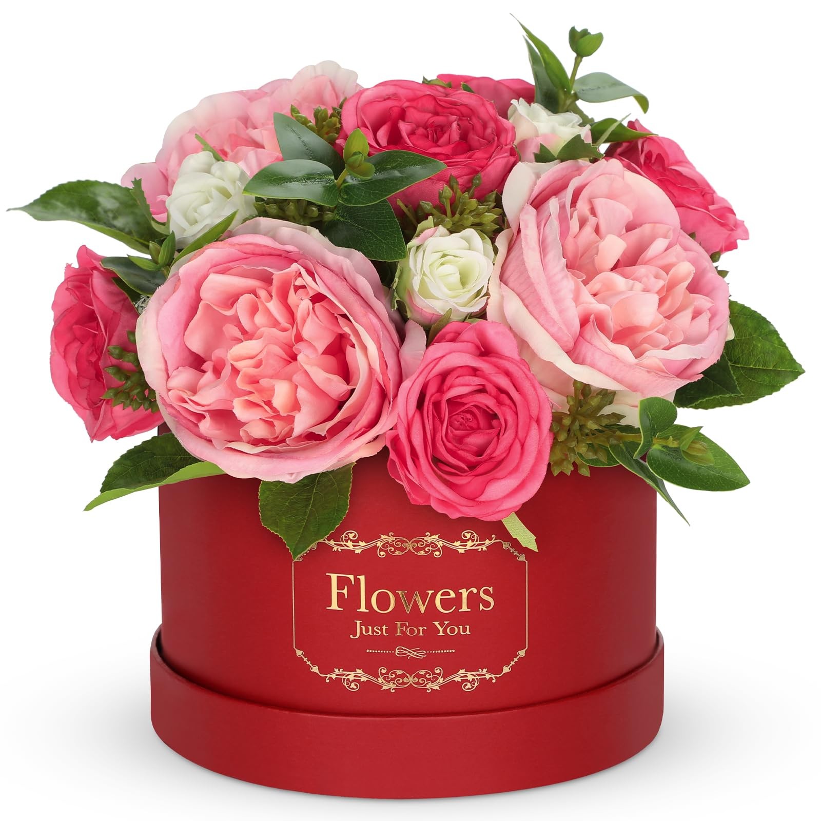 Red Pink Artificial Peonies Roses in Vase Round Gift Box Floral Arrangement