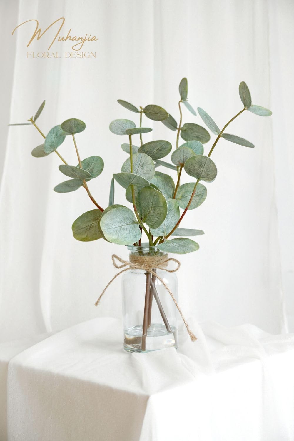 Artificial Eucalyptus Stems in Glass Vase with Faux Water,3Pcs Fake Plant wit…