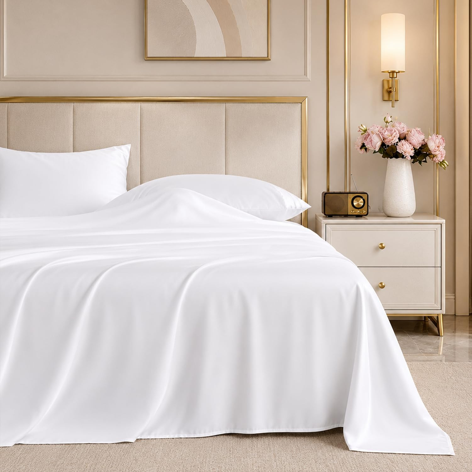 White Queen Sheet Set, 4 Pieces Soft Bedding Queen Sheet Set, Breathable and Coo