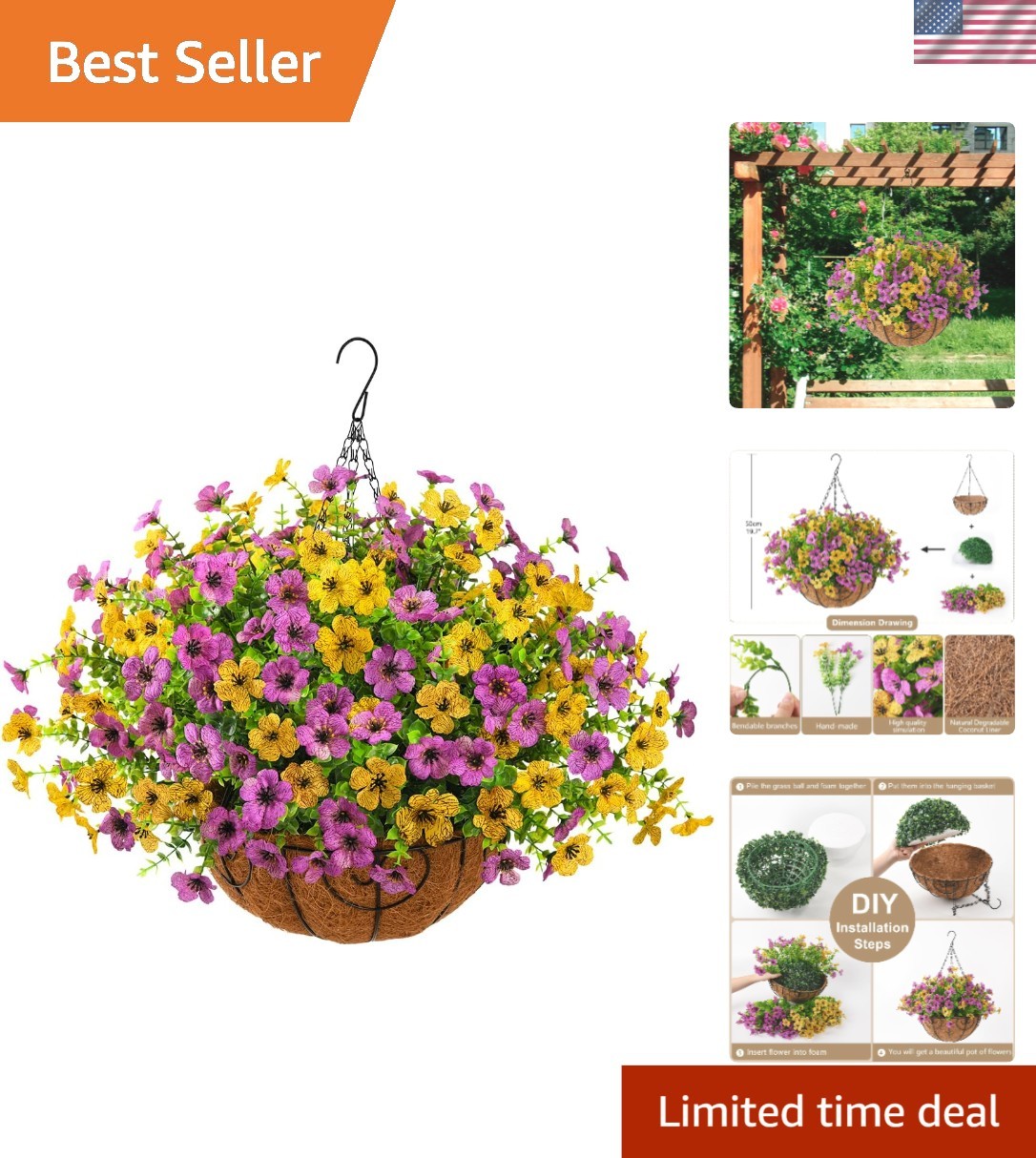 Vibrant UV Resistant Faux Hanging Daisies in Metal Basket – Outdoor Elegance
