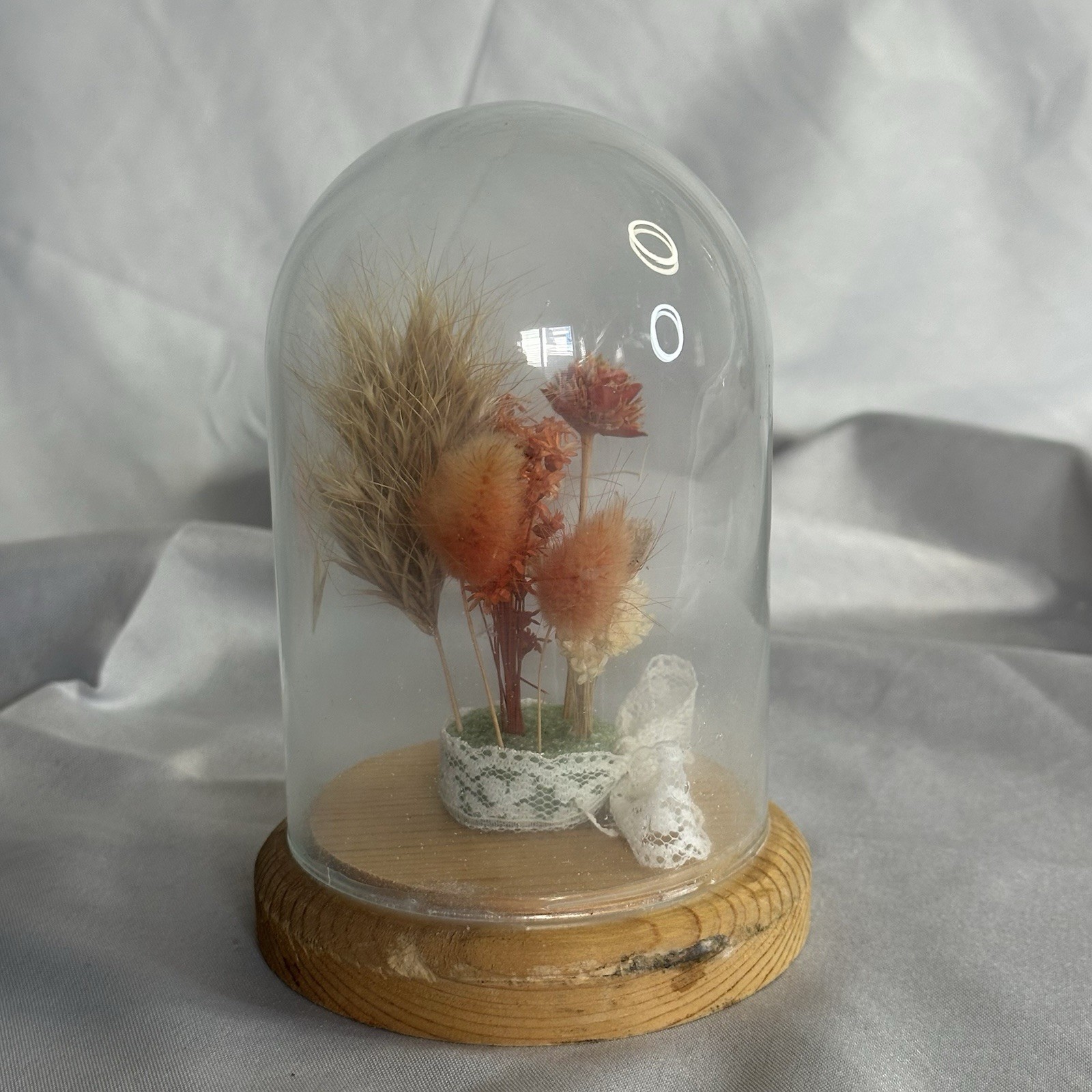 Vtg Decor Floral Glass Cloche Dome Dried Flowers Bunny Tails Terrarium 5”