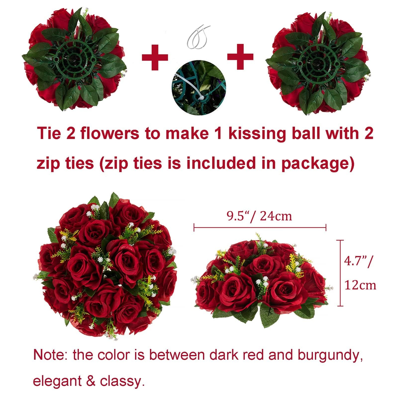 2 PCS Crimson Red Fake Flowers Kissing Balls Wedding Rose Centerpieces Decor