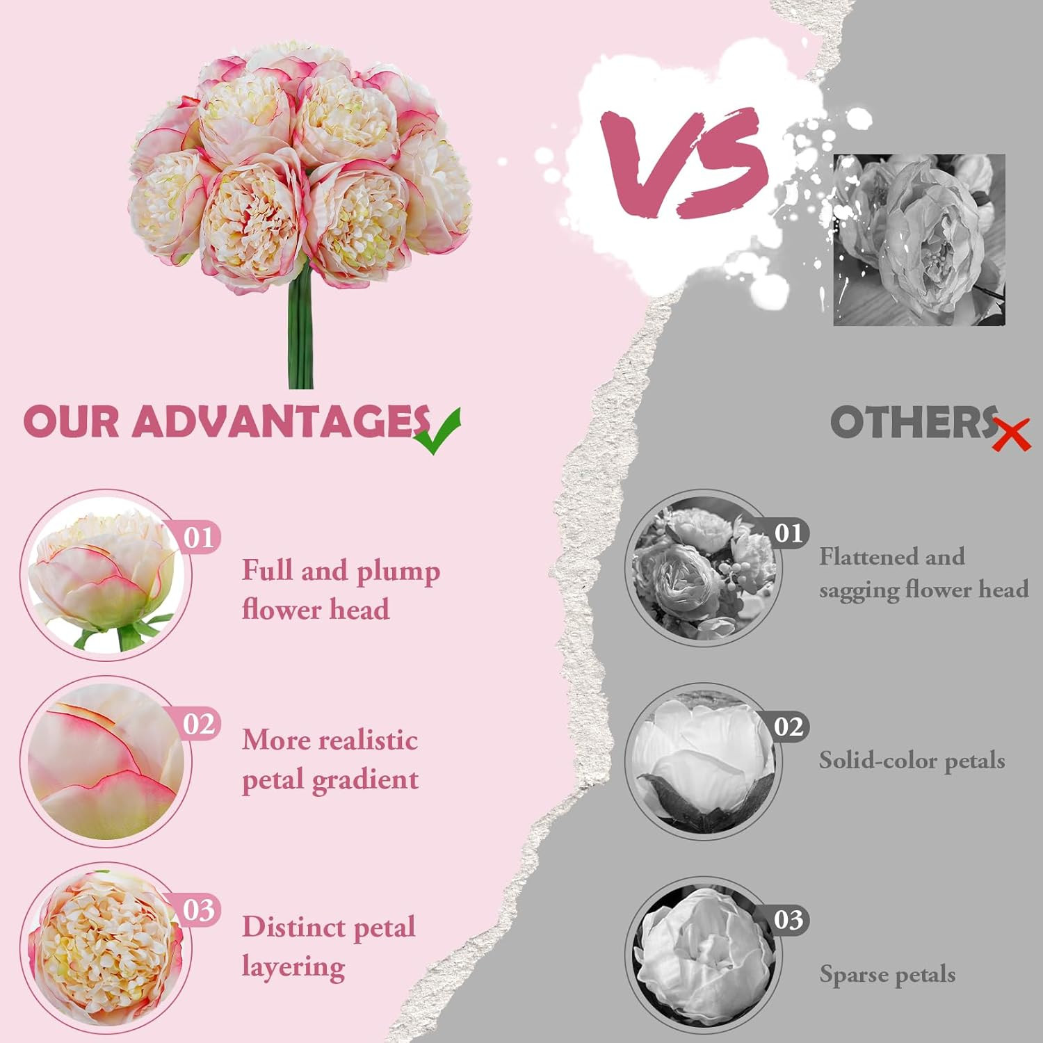 10PCS Champagne Realistic Silk Peonies Bouquet, Waterproof & UV Resistant Faux P