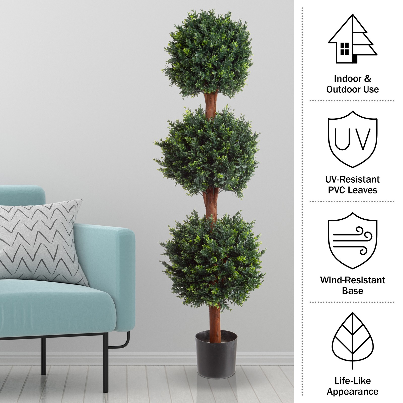 Artificial Tree 5 FT Faux Hedyotis Topiary Ball Plant in Weighted Pot