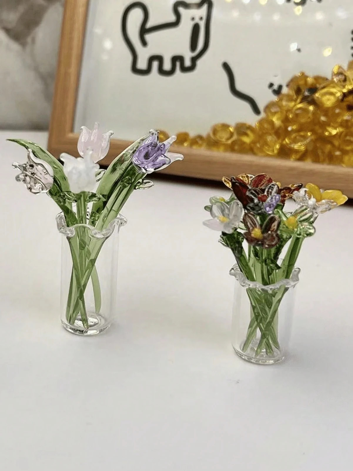 7pcs Mini Glass Vases Set Artificial Flowers Wedding Table Decor