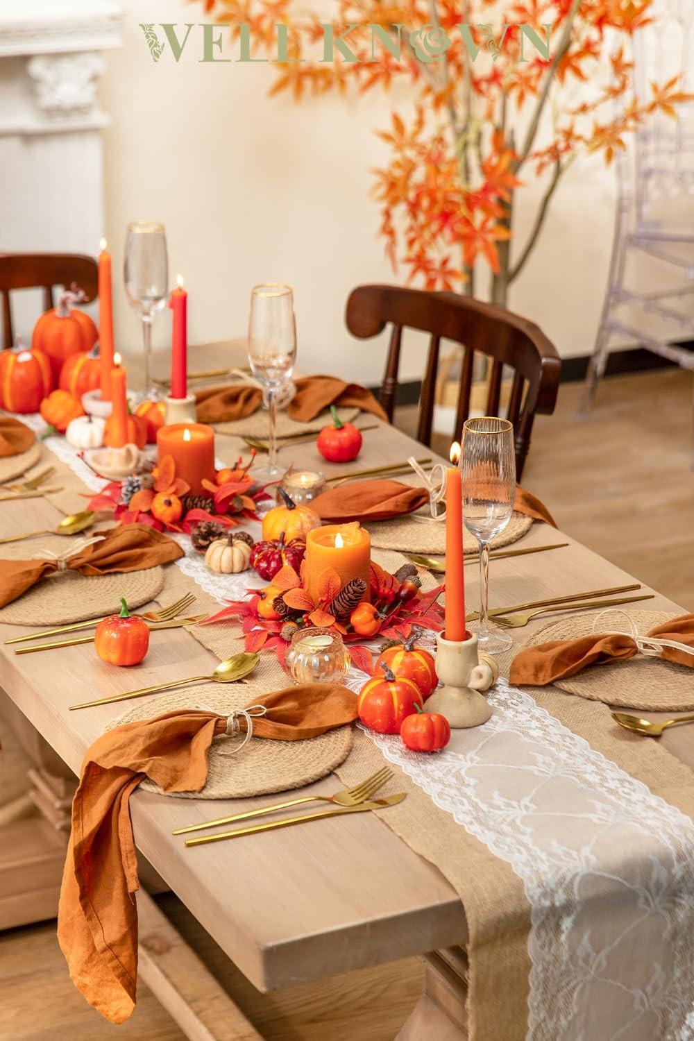 2 Pcs Mini Fall Orange Pumpkin & Maple Candle Rings Wreath for Pillars Home T…