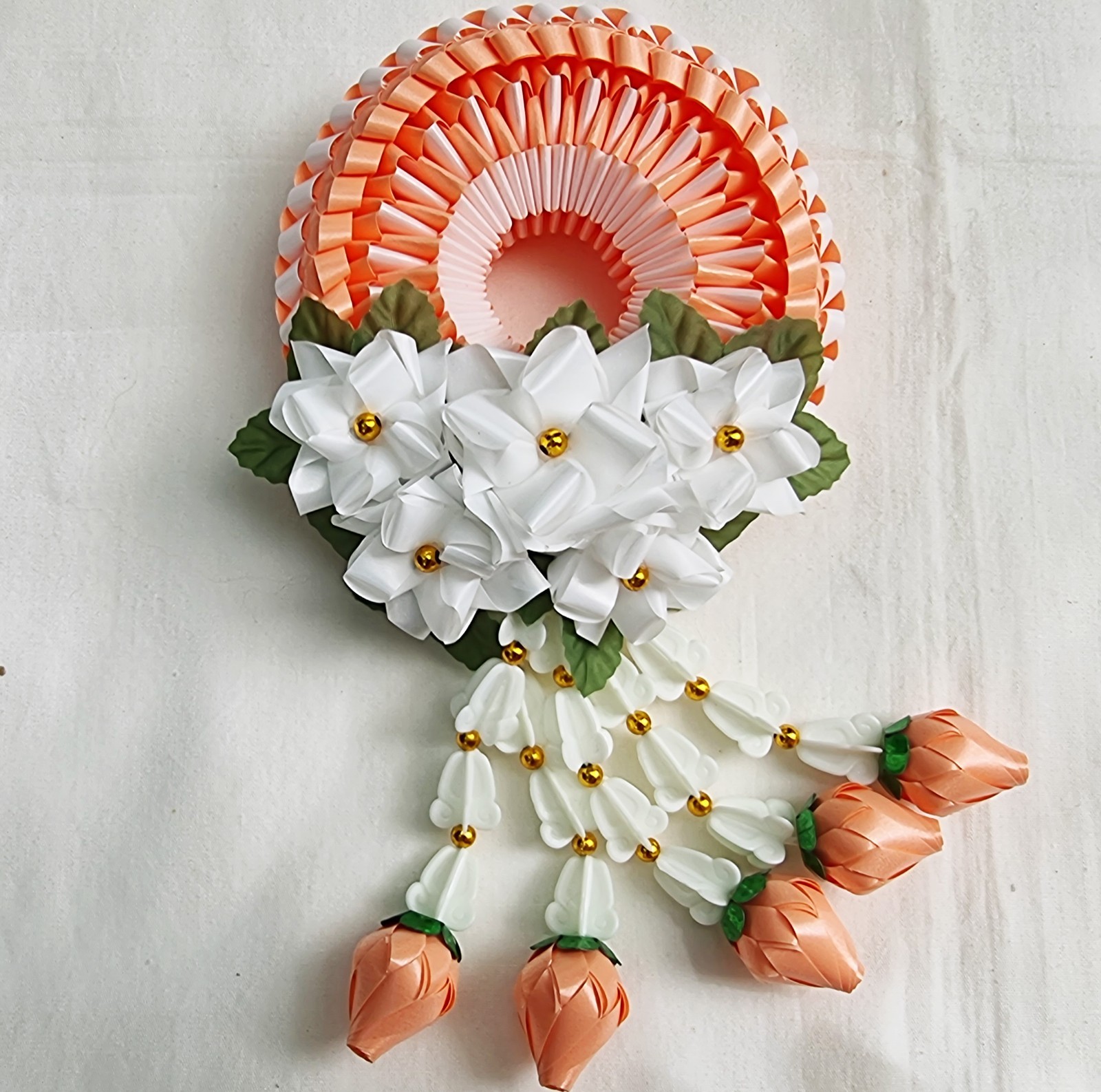 Ribbon folding art, Garland, Artificial Light Orange flowers made from plastic