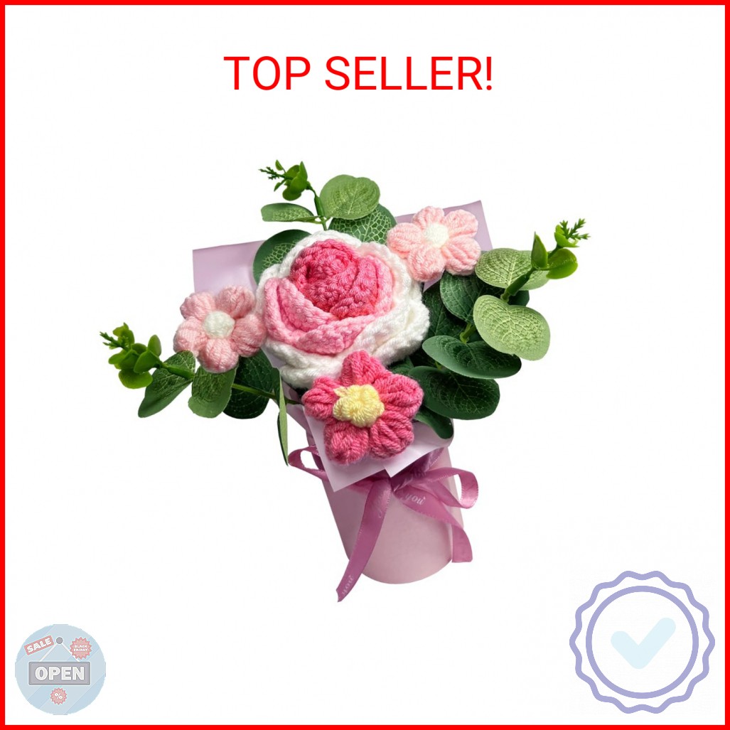 suyakota Crochet Medium Rose Flower Bouquet: Handmade Knitted Bouquet for Valent