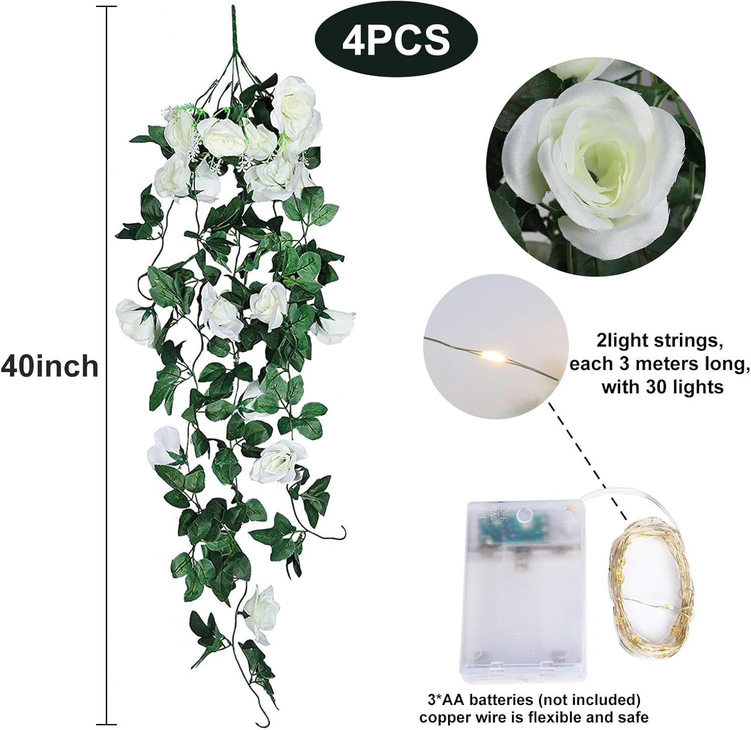 Vibrant White Artificial Rose Vines – 4pcs with 30 LED Lights for Celebrations