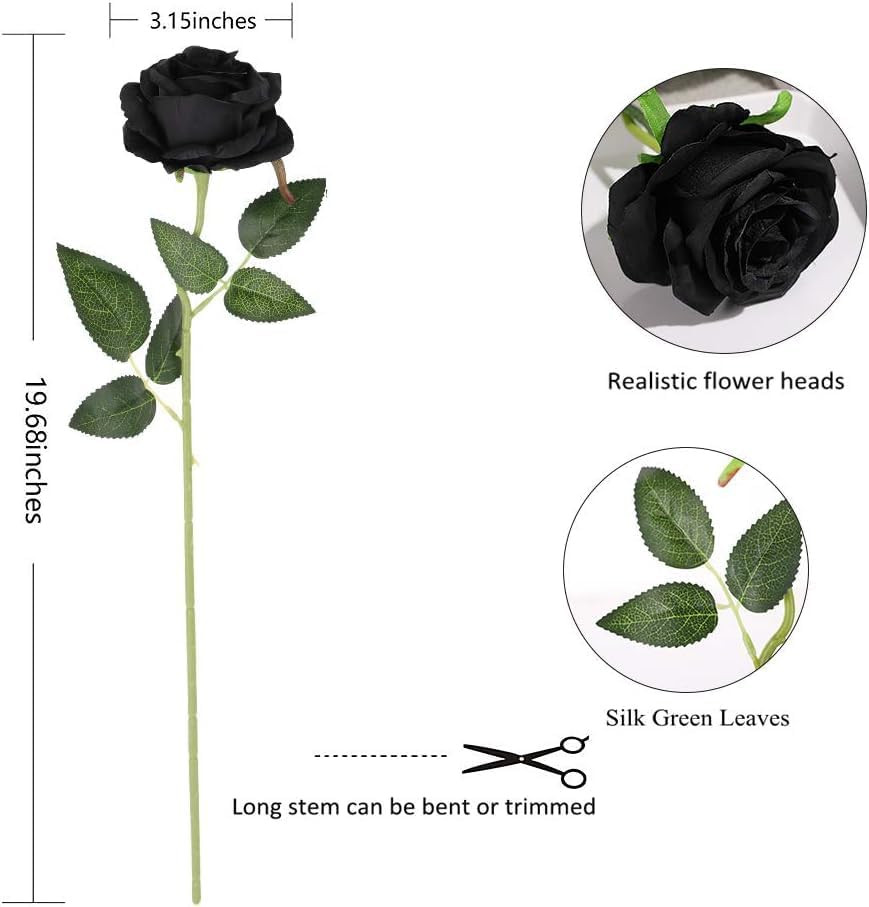 Black Fake Roses Artificial Flowers – 10 Pcs Fake Artificial Roses Silk Flowers