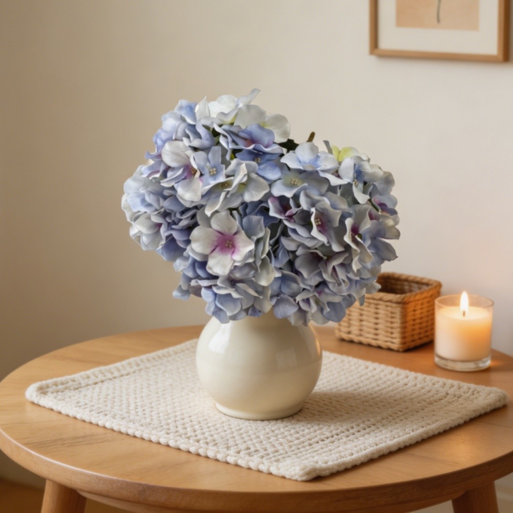 Flexible Wire Stem Hydrangea Silk Flowers 5 Heads for Tiered Tray Shelf Decor