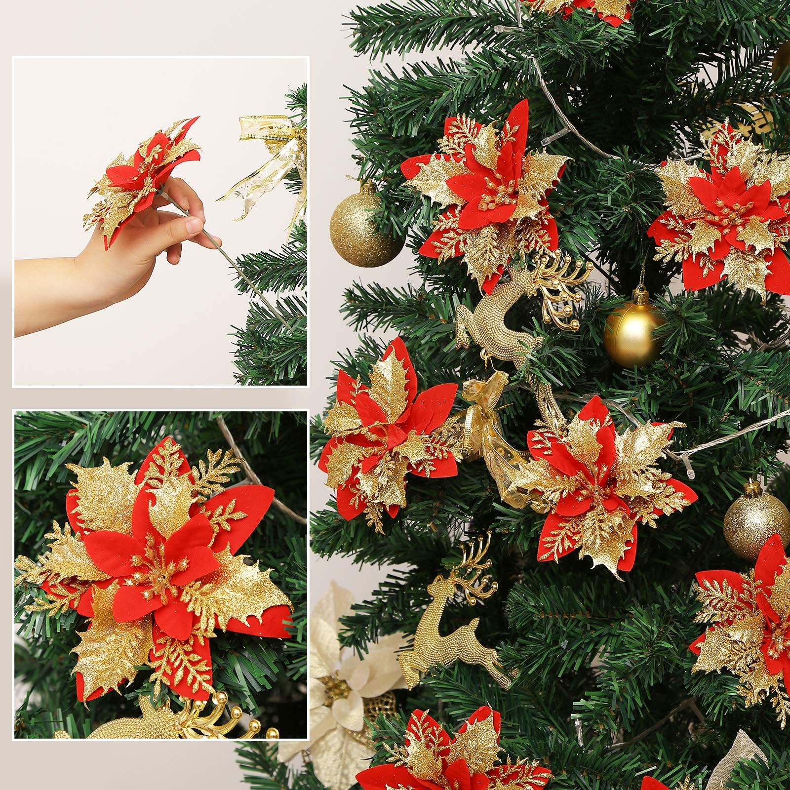 12 Pcs Glitter Poinsettia 5.5″ Artificial Flowers Christmas with Clips Stems …