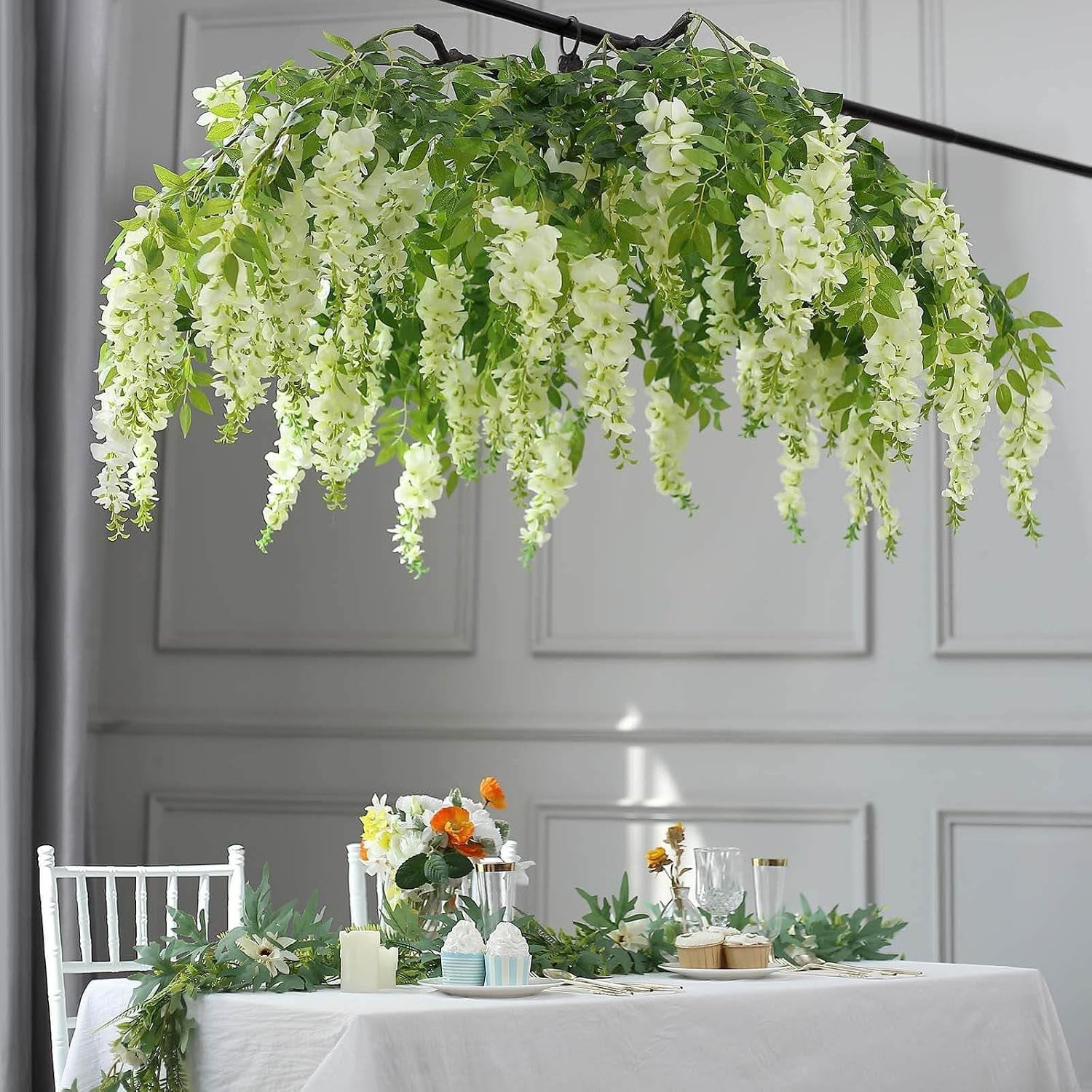 55″ Cream Artificial Silk Wisteria Vine Round Hanging Canopy Draping Garland