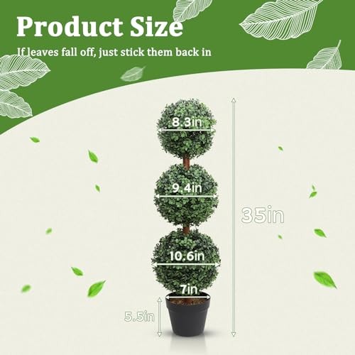 Artificial Topiary Ball Tree, 35inch Fake Topiaries Triple Ball Dark Green